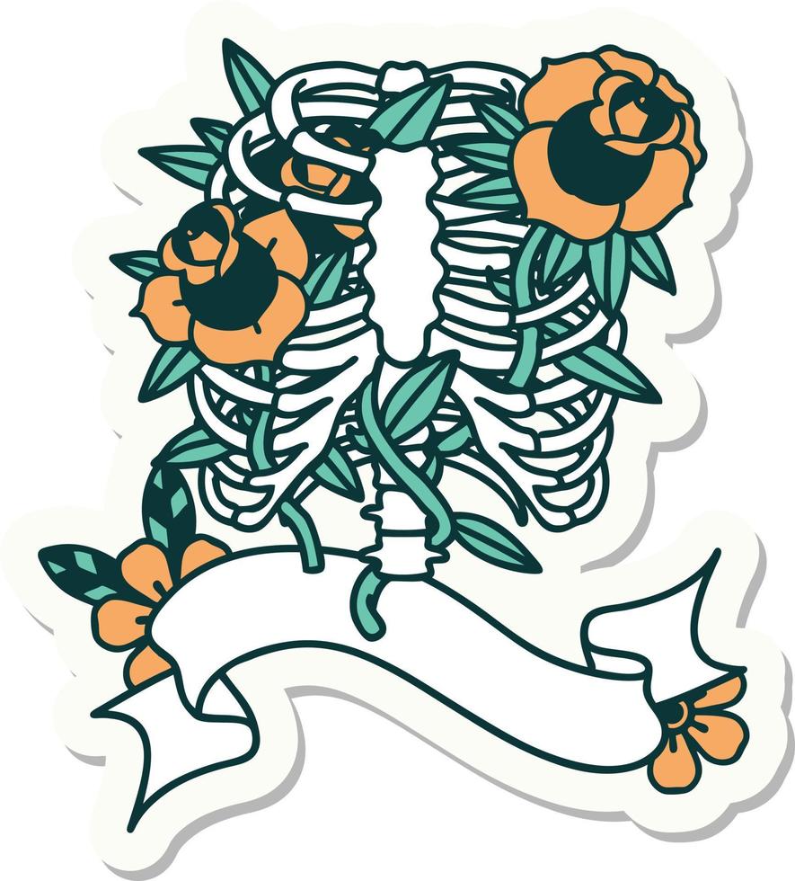 tattoo sticker with banner of a rib cage and flowers vector