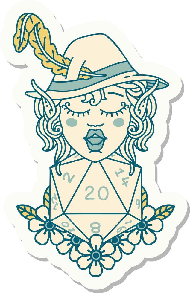 elf bard character with natural twenty dice roll sticker vector