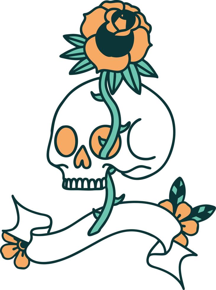 tattoo with banner of a skull and rose vector