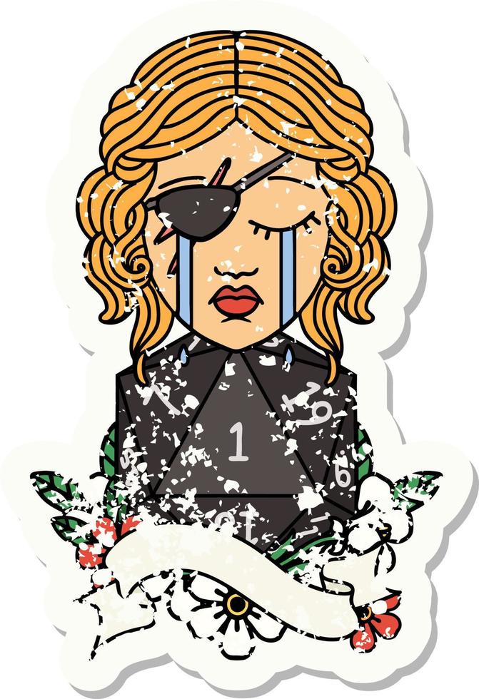 crying human rogue with natural one D20 roll grunge sticker vector
