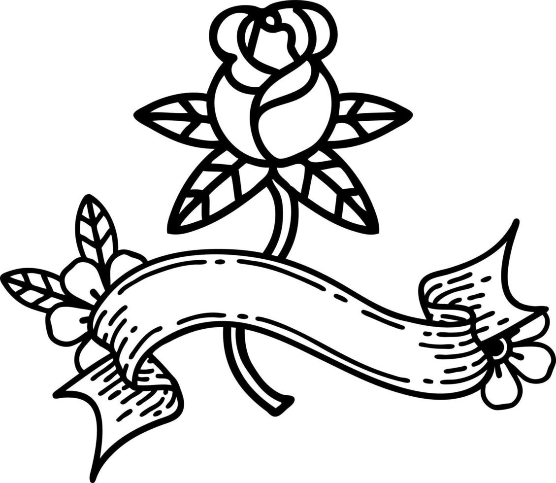 black linework tattoo with banner of a rose vector