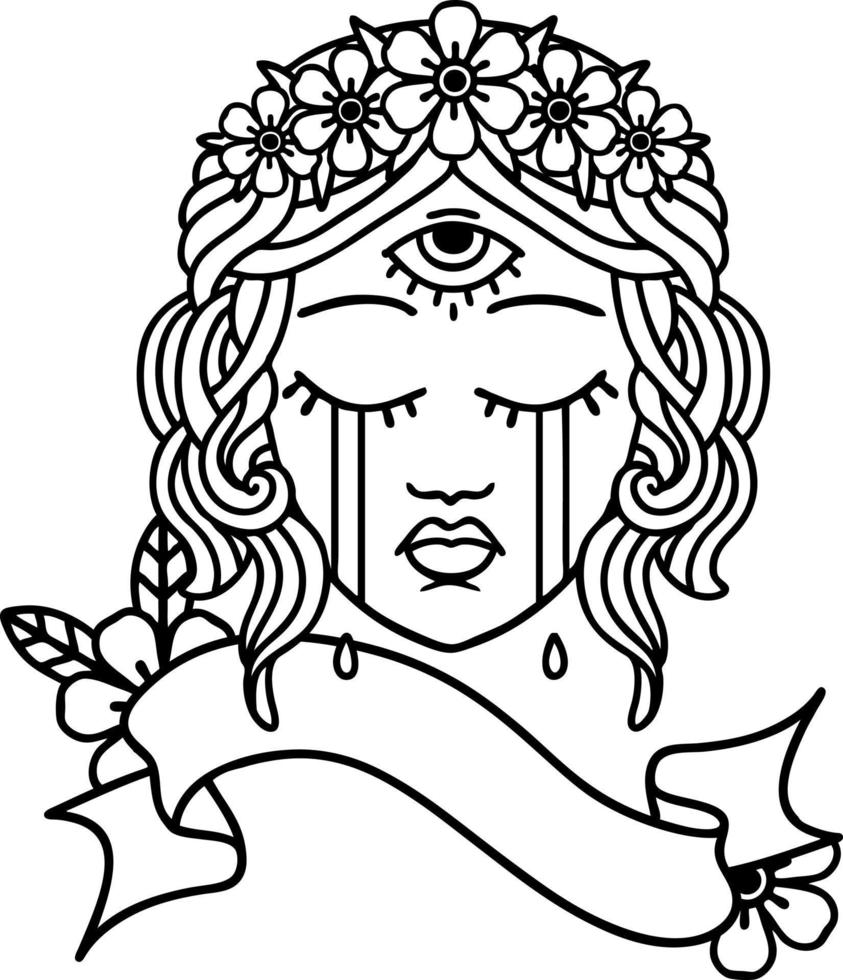 black linework tattoo with banner of female face with third eye crying vector