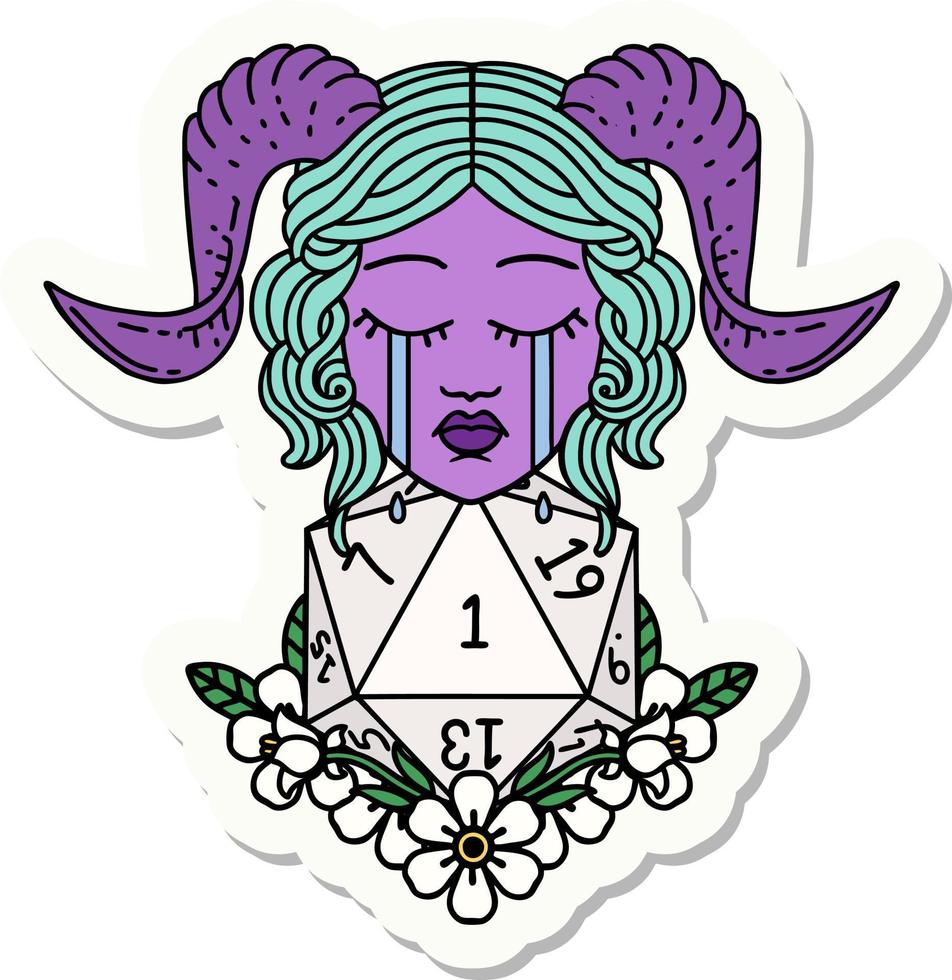 crying tiefling with natural one D20 dice roll sticker vector