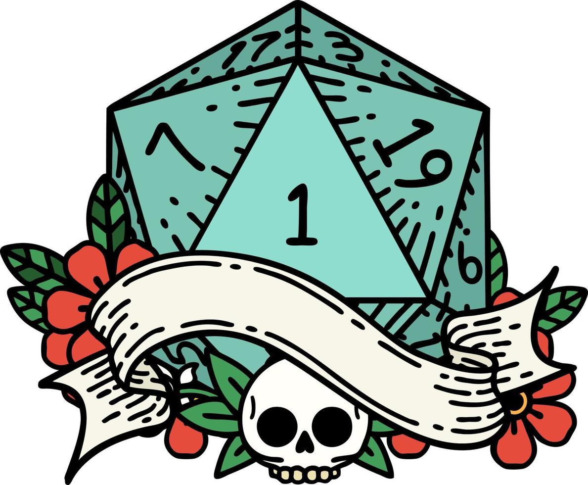 natural one d20 dice roll illustration vector