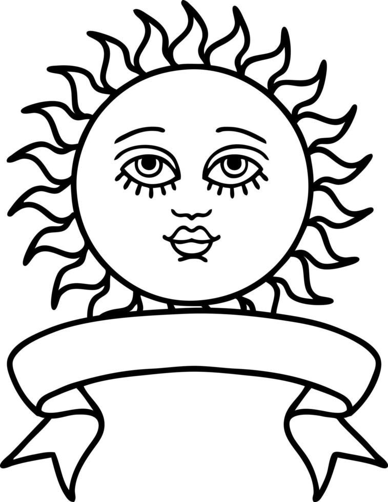 black linework tattoo with banner of a sun with face vector