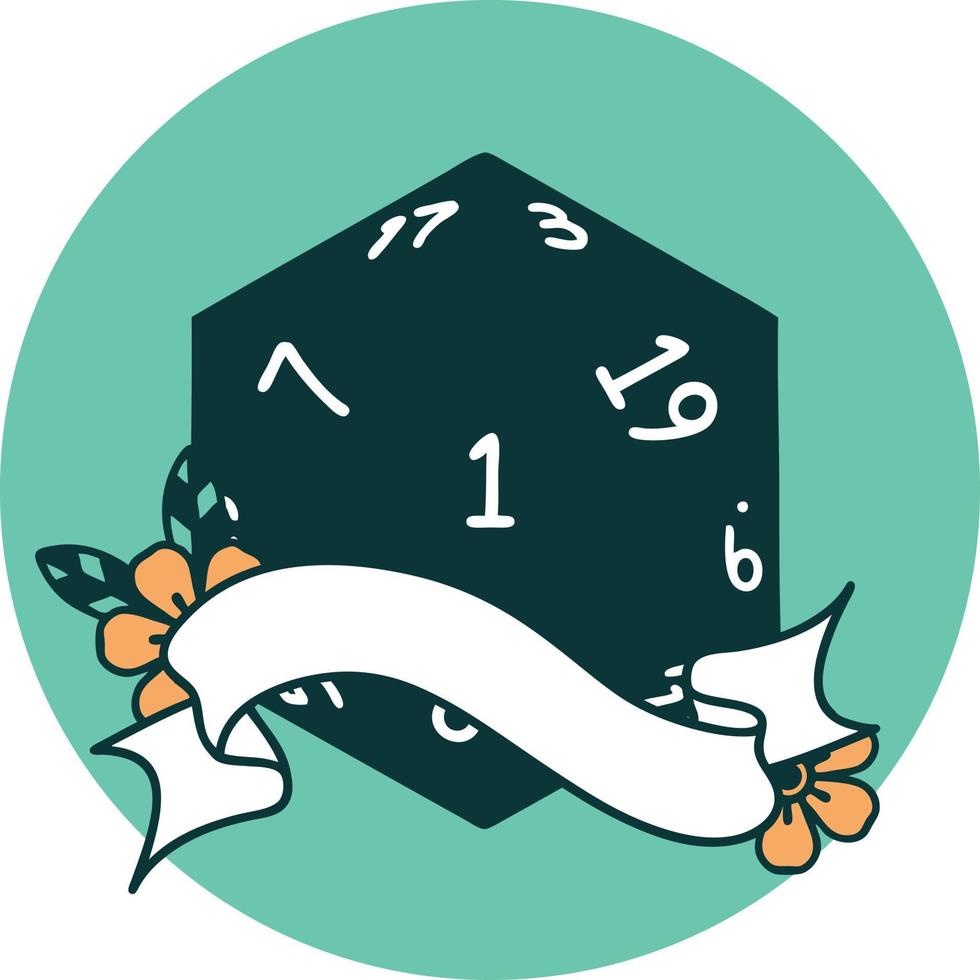 natural one d20 dice roll icon vector