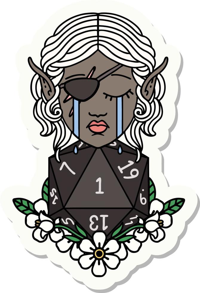 crying elf rogue character face with natural one D20 roll sticker vector