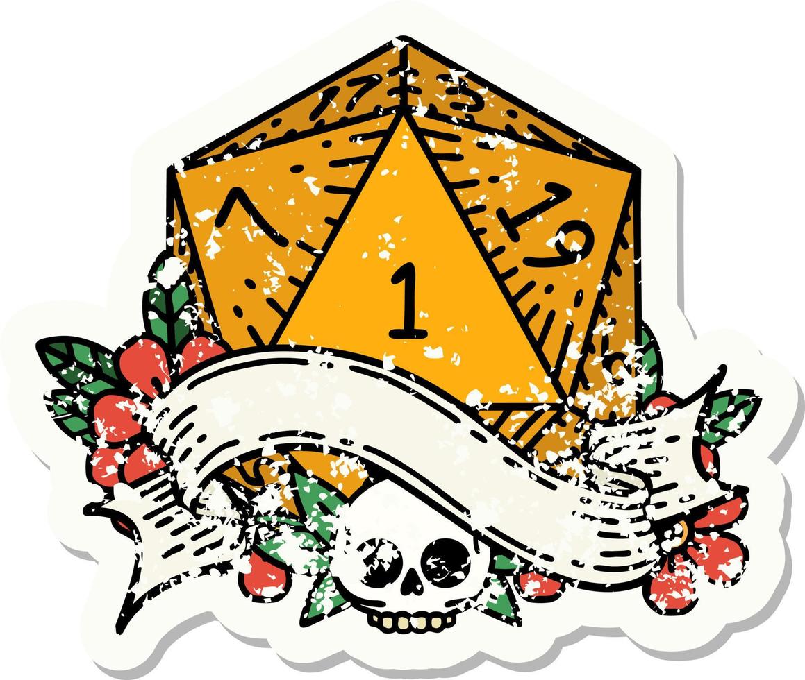 natural one d20 dice roll grunge sticker vector