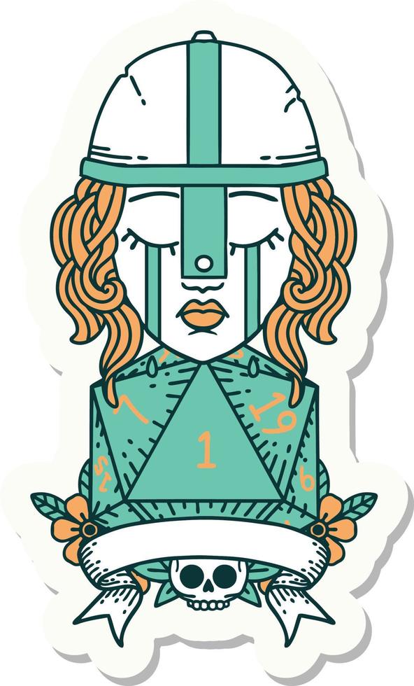 crying human fighter with natural one D20 dice sticker vector