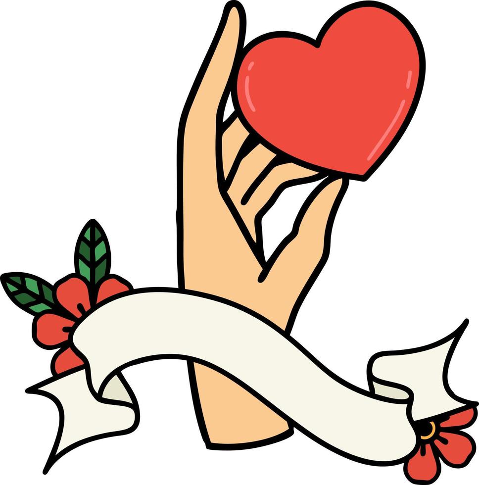 tattoo with banner of a hand holding a heart vector