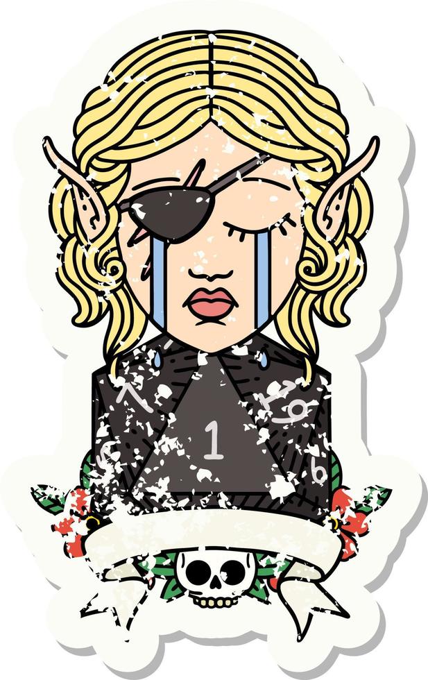 crying elf rogue character with natural one D20 roll grunge sticker vector