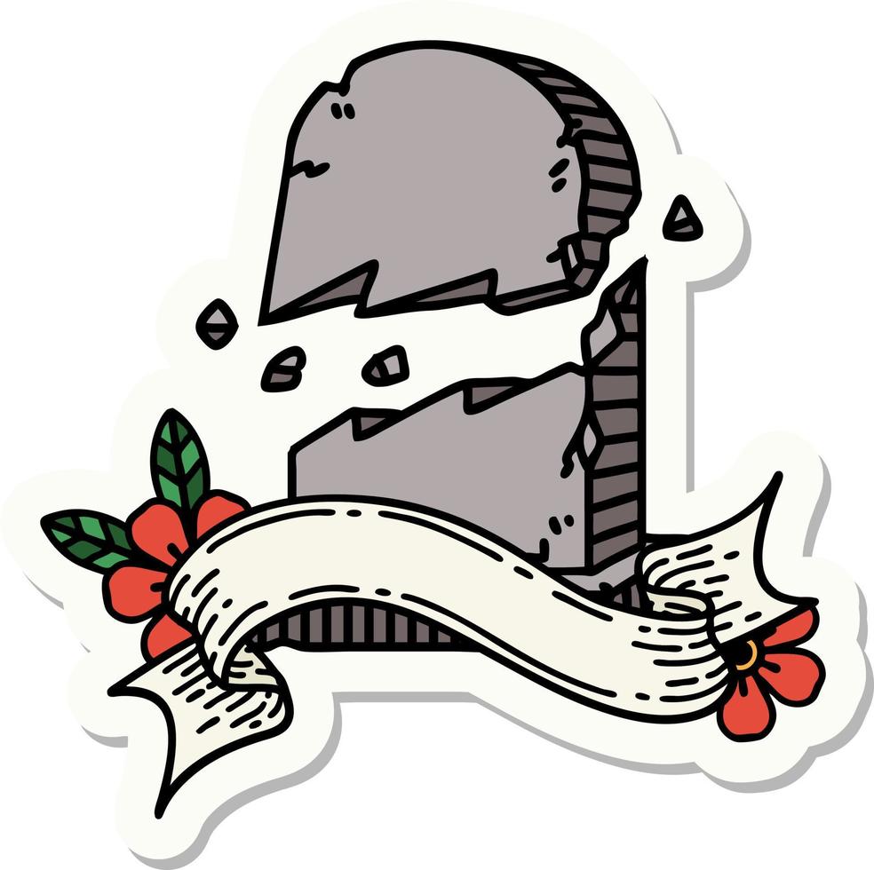 tattoo sticker with banner of a broken grave stone vector