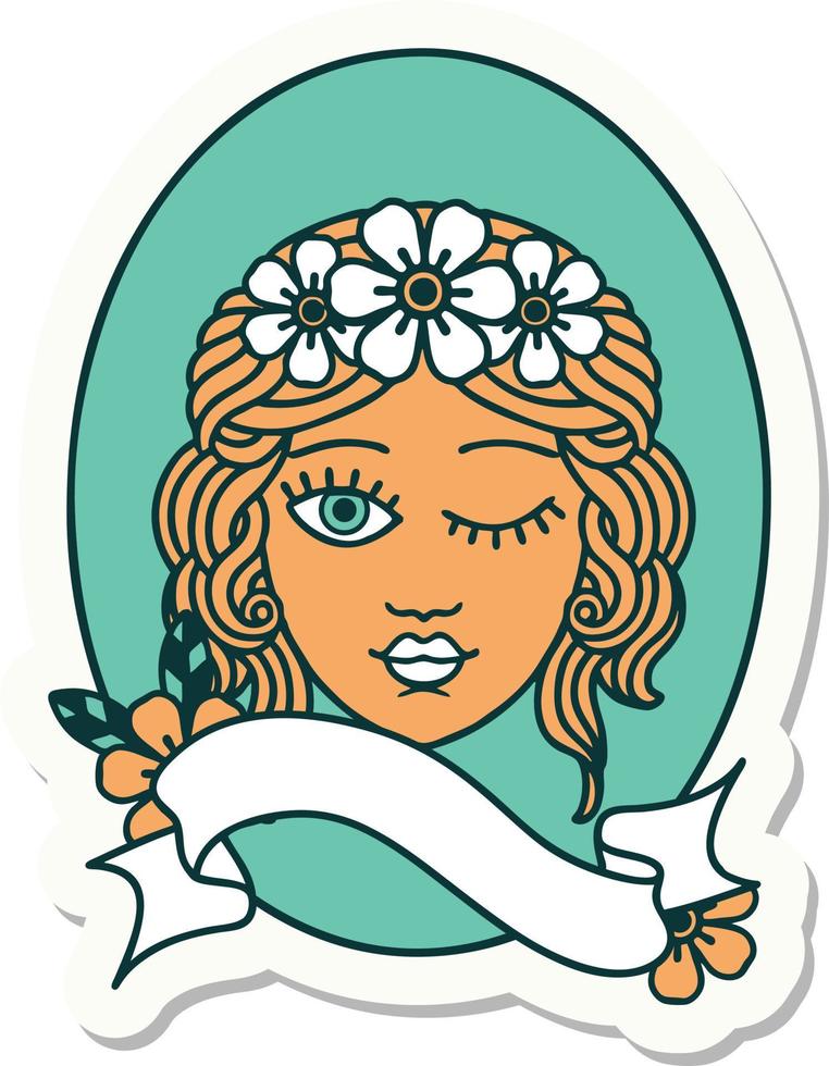 pegatina de tatuaje con pancarta de una doncella con corona de flores guiñando un ojo vector