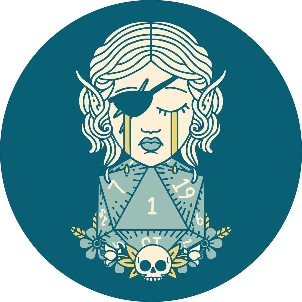 crying elf rogue character face with natural one D20 roll illustration vector