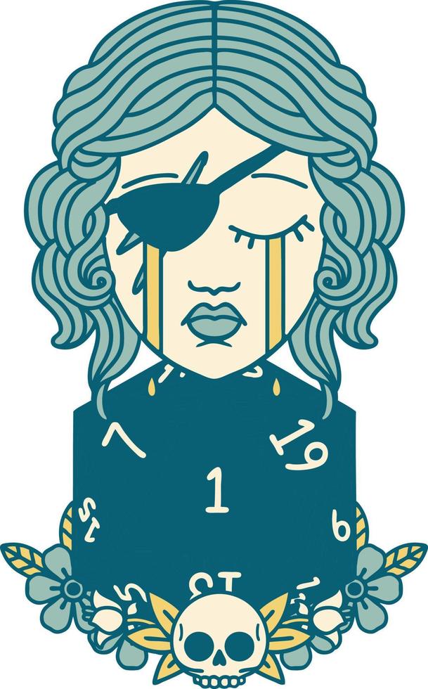 crying human rogue with natural one d20 roll illustration vector