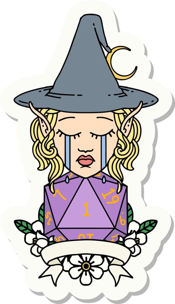 crying elf mage character with natural one dice roll sticker vector
