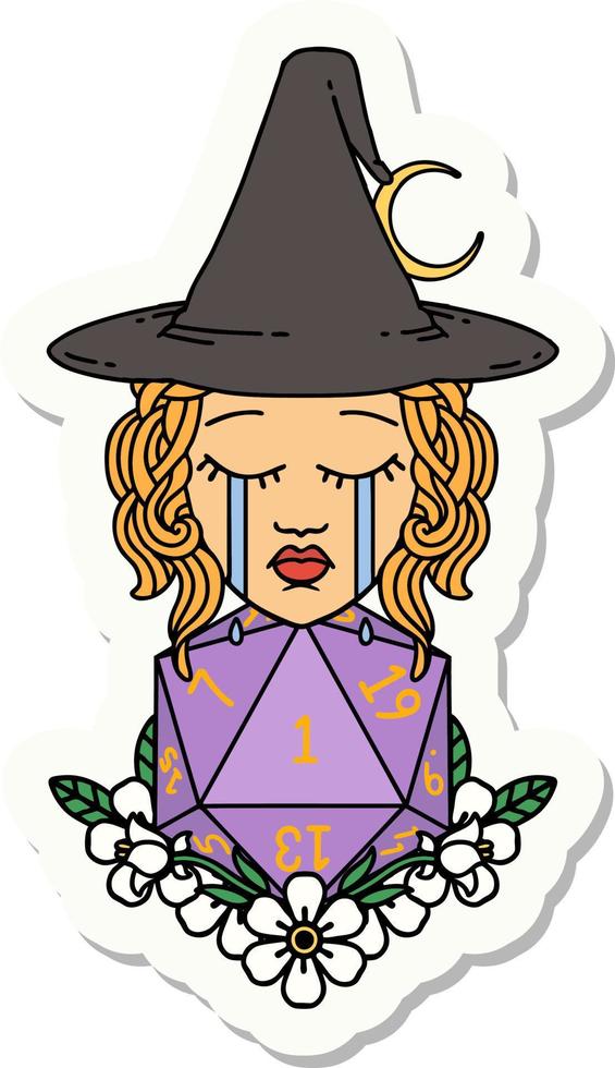 crying human witch with natural one D20 dice roll sticker vector