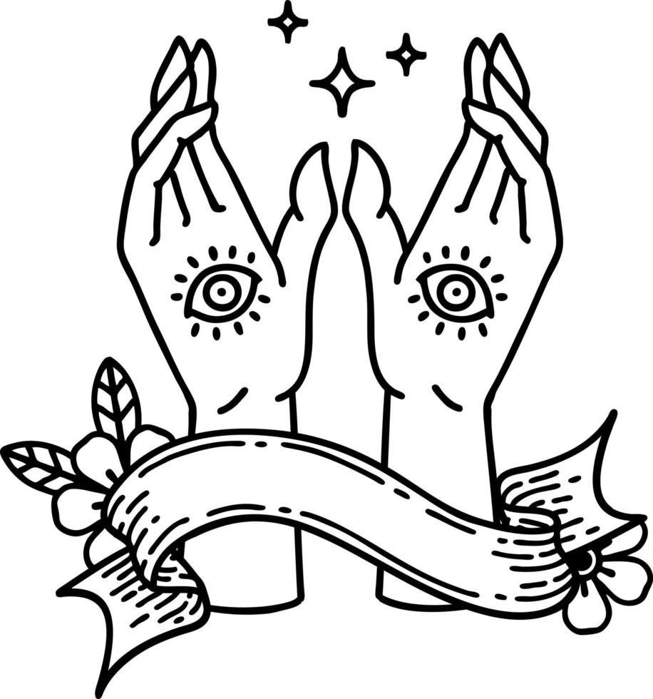 black linework tattoo with banner of mystic hands vector