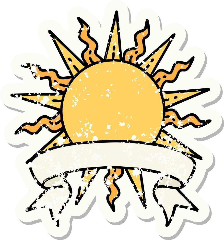 grunge sticker with banner of a sun vector