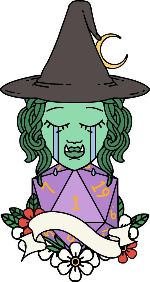 crying orc witch with natural one D20 roll illustration vector