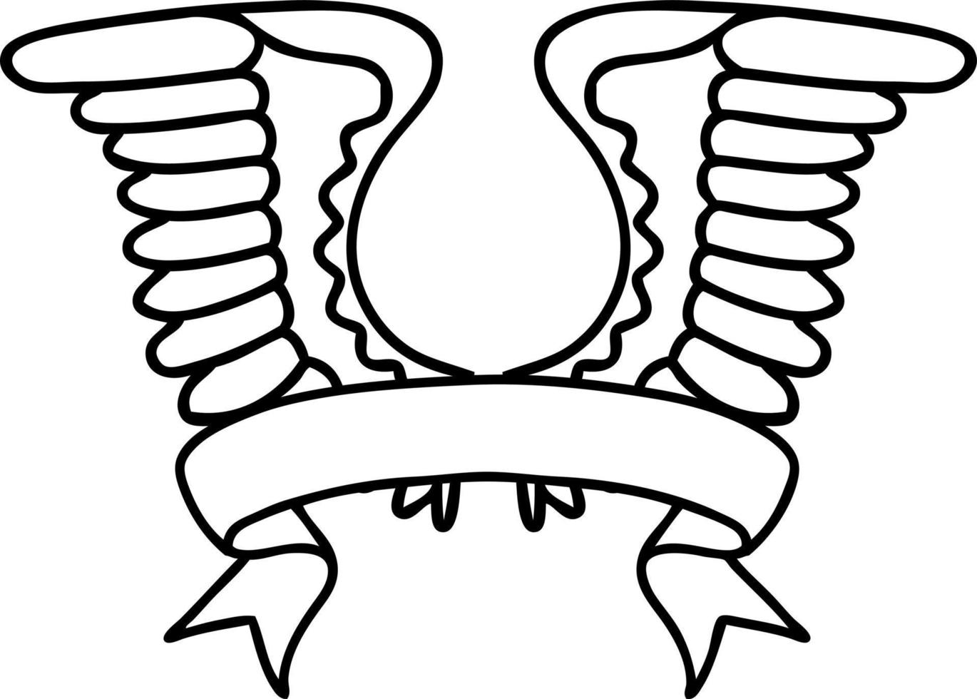 black linework tattoo with banner of a wing vector