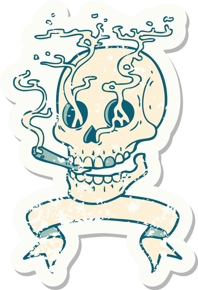 grunge sticker with banner of a skull smoking vector