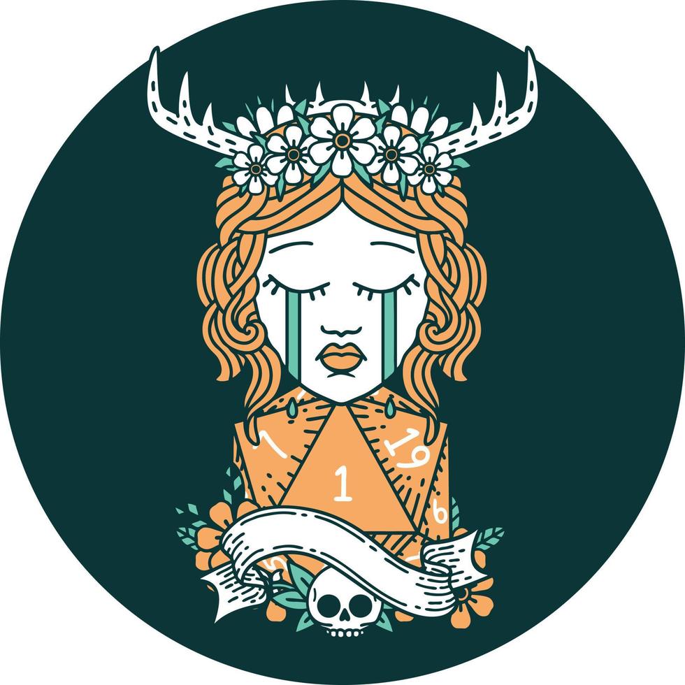 crying human druid with natural one d20 roll icon vector