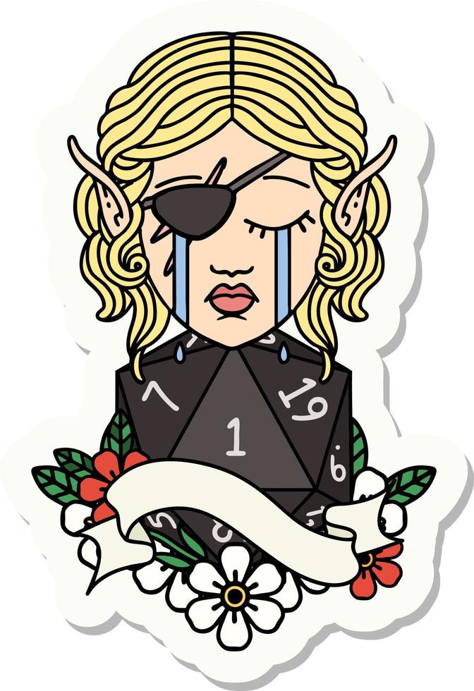 crying elf rogue character face with natural one D20 roll sticker vector