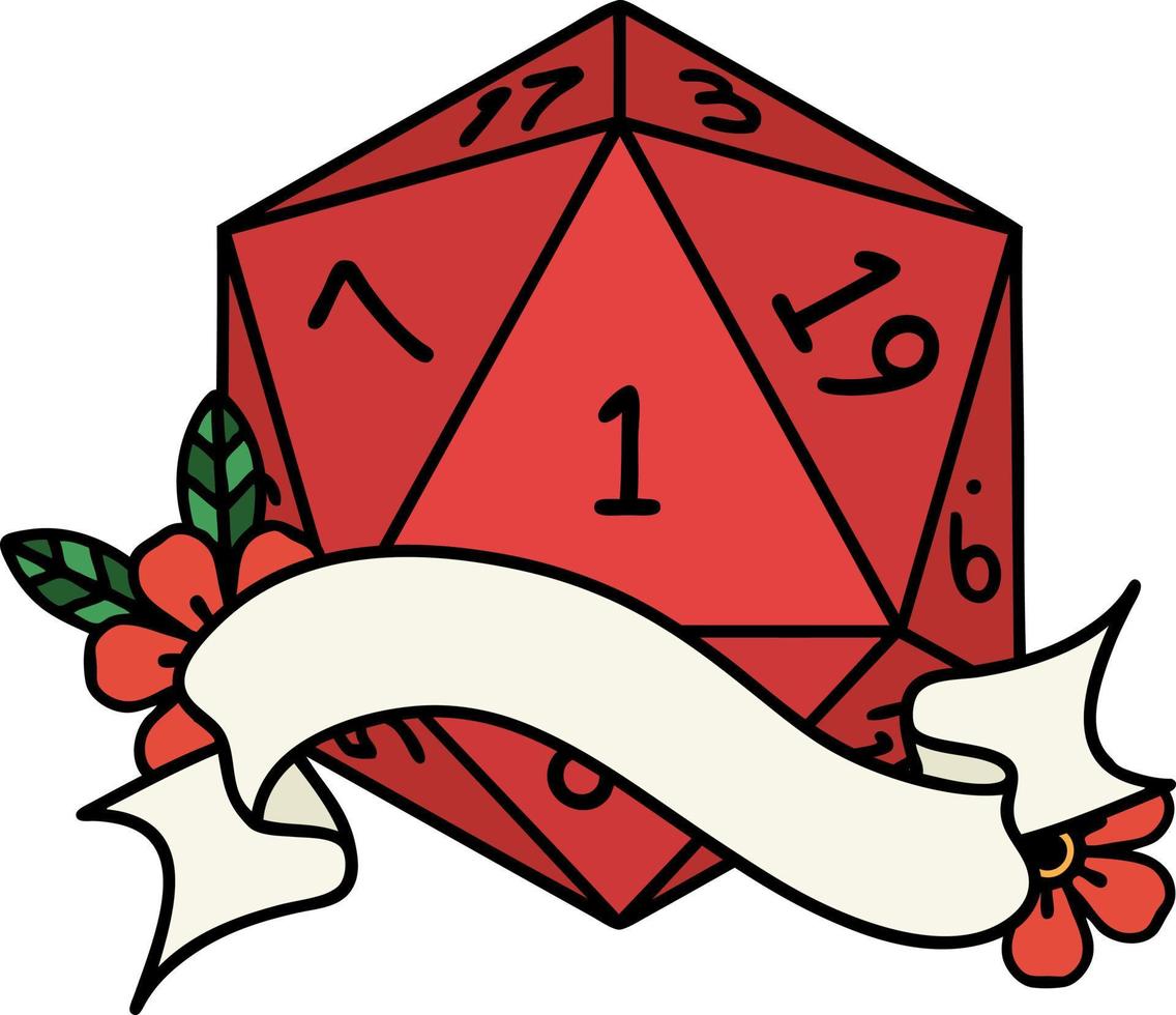 natural one d20 dice roll illustration vector