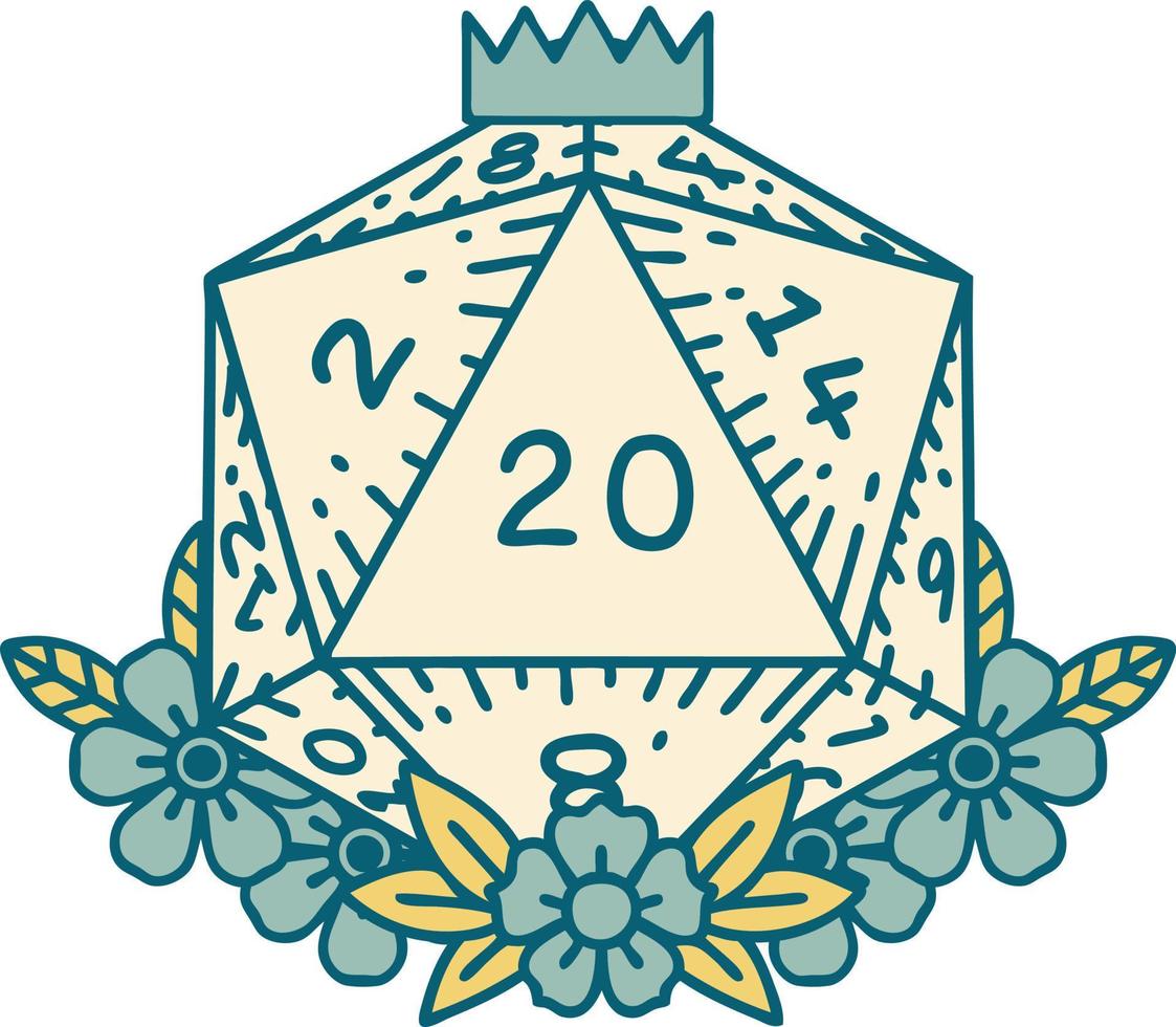 natural 20 D20 dice roll with floral elements illustration vector