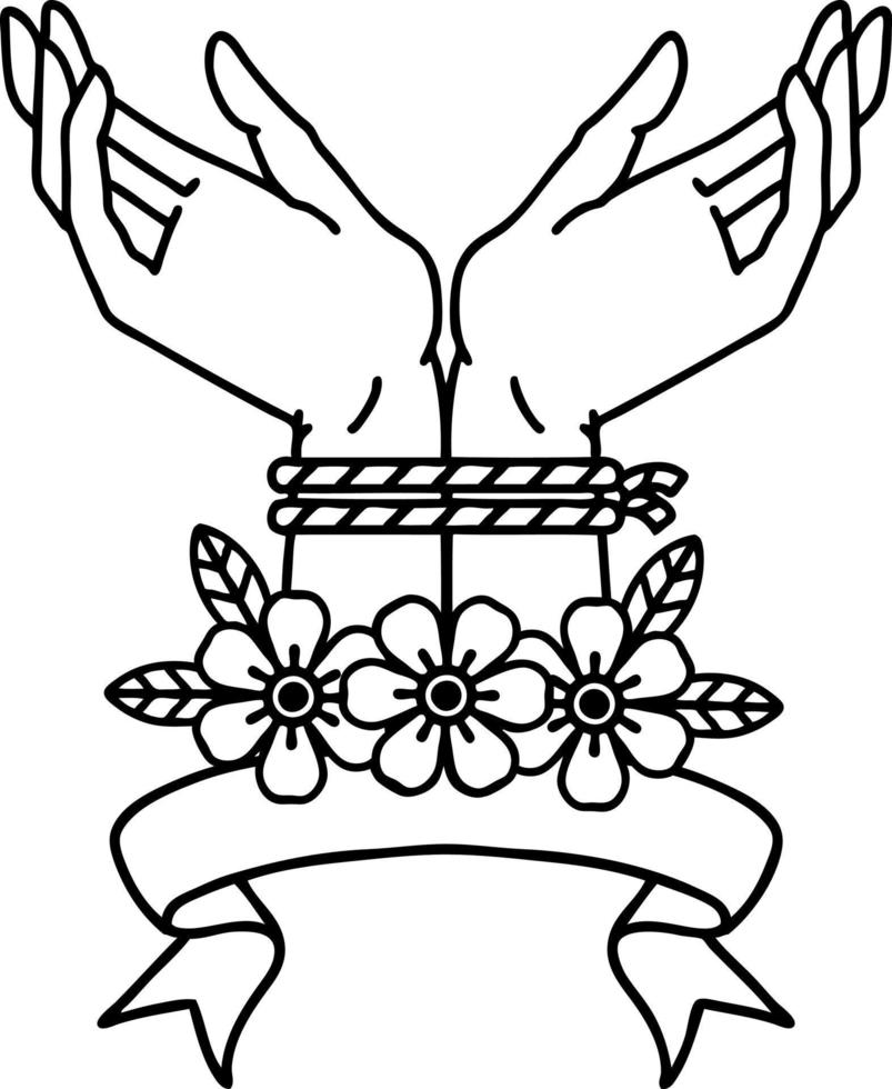 black linework tattoo with banner of hands tied vector
