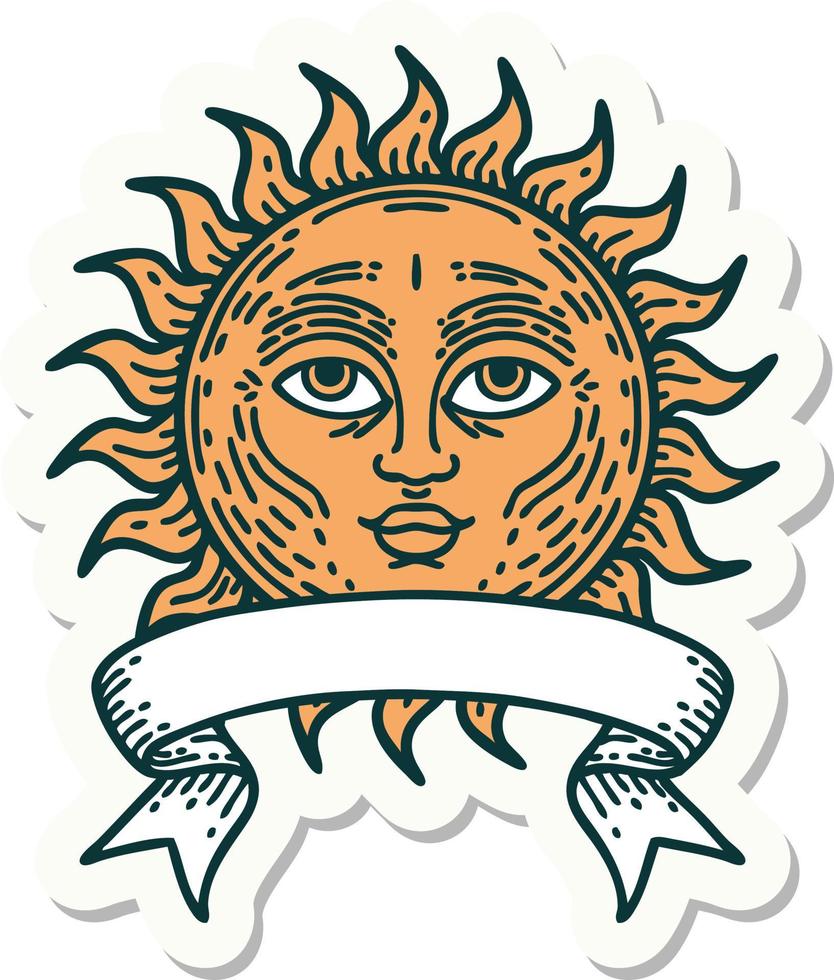 pegatina de tatuaje con pancarta de un sol con cara vector