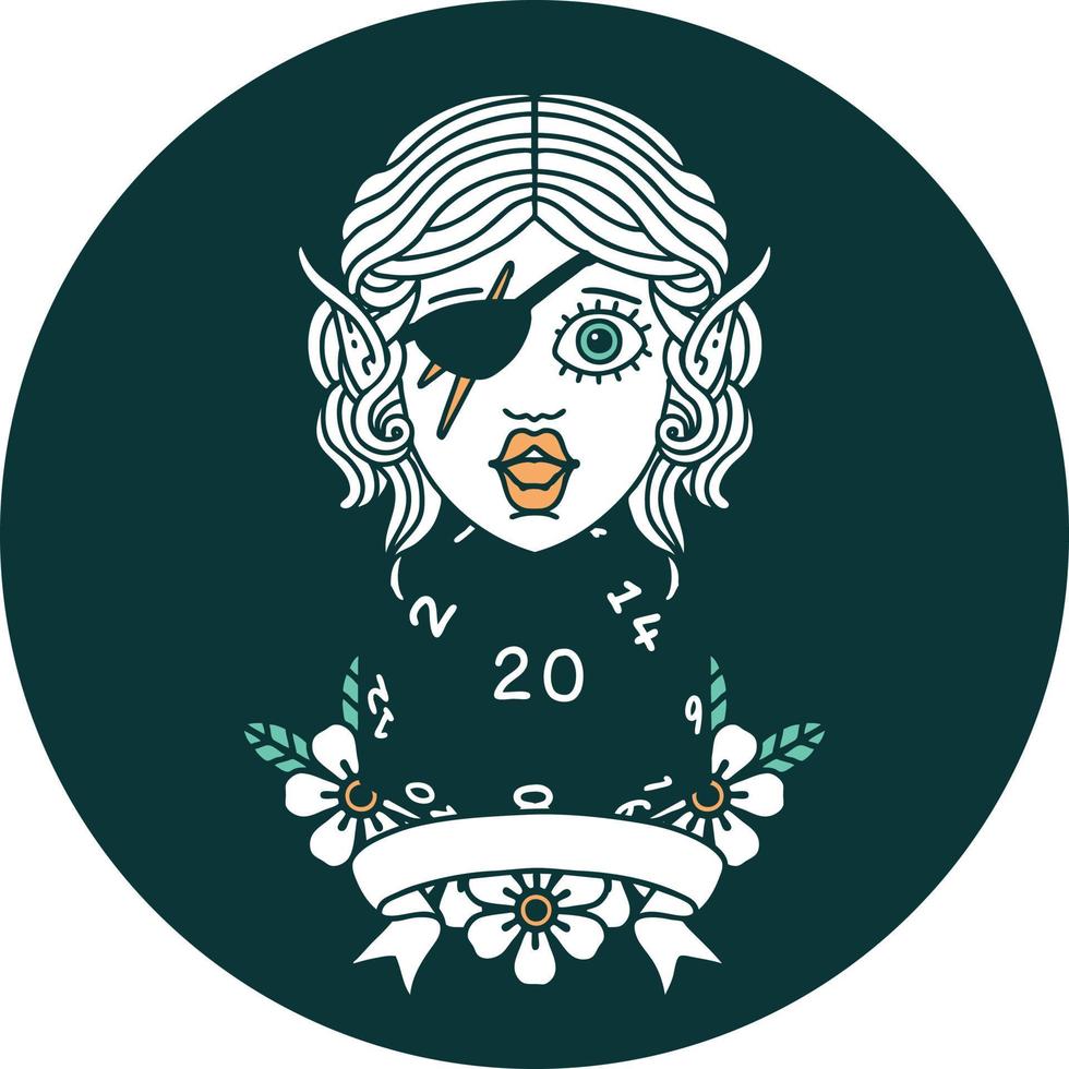 elf rogue character with natural twenty dice roll icon vector