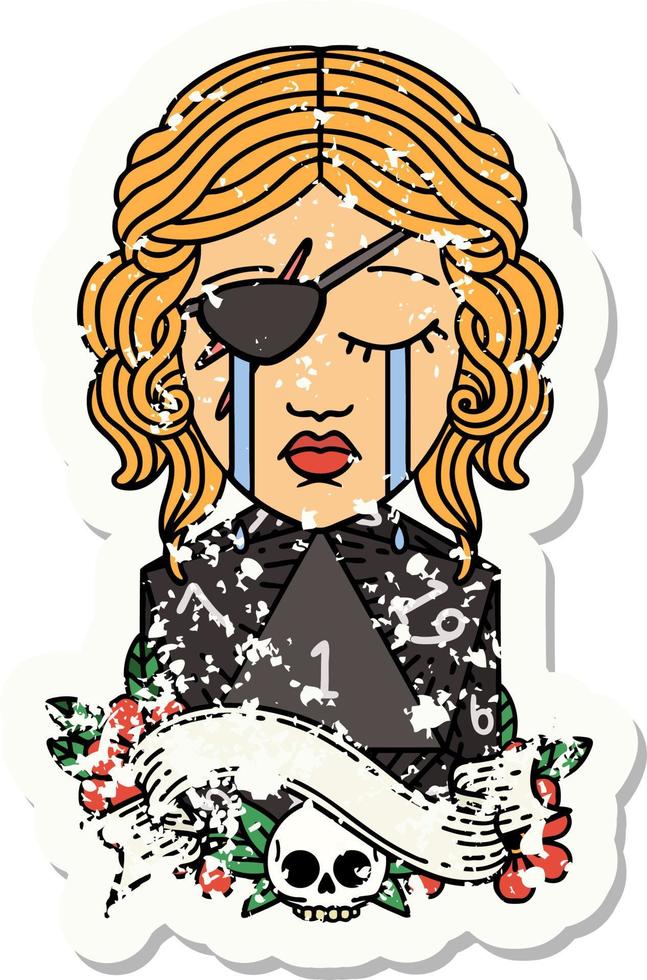 crying human rogue with natural one D20 roll grunge sticker vector