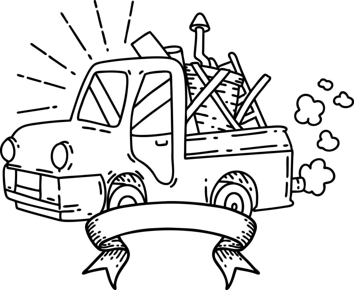 banner with black line work tattoo style truck carrying junk vector