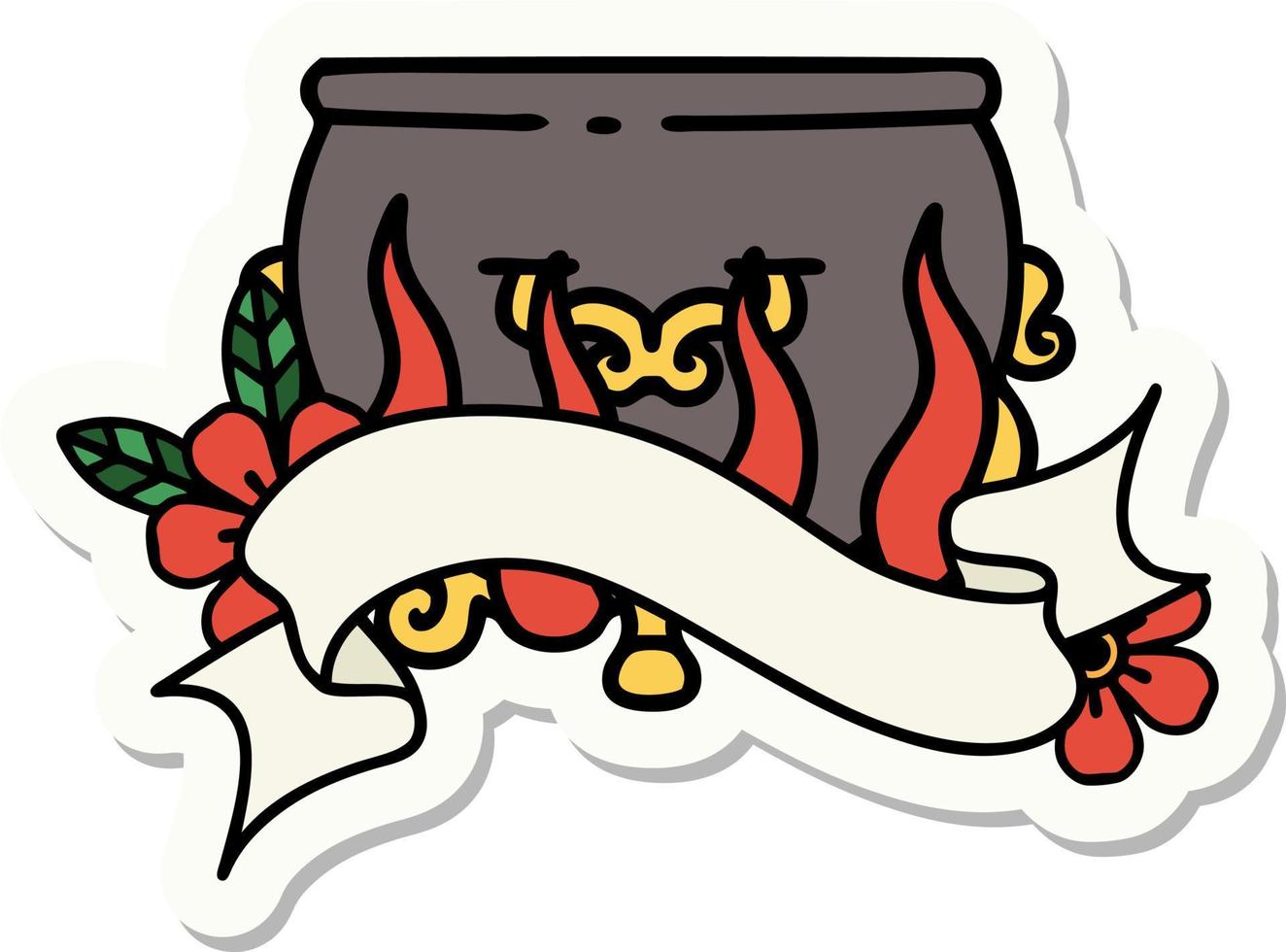 tattoo sticker with banner of lit cauldron vector