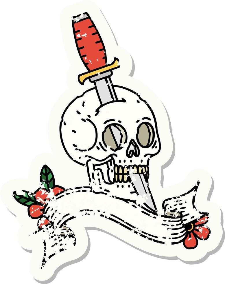 grunge sticker with banner of a skull and dagger vector