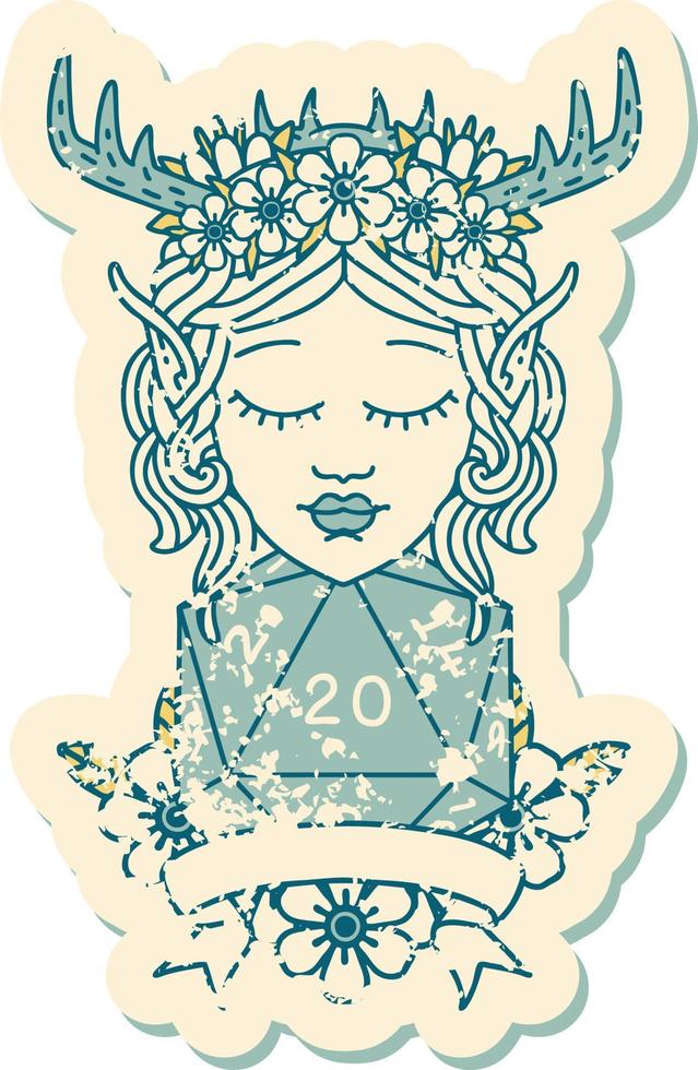 elf druid character with natural 20 dice roll illustration vector