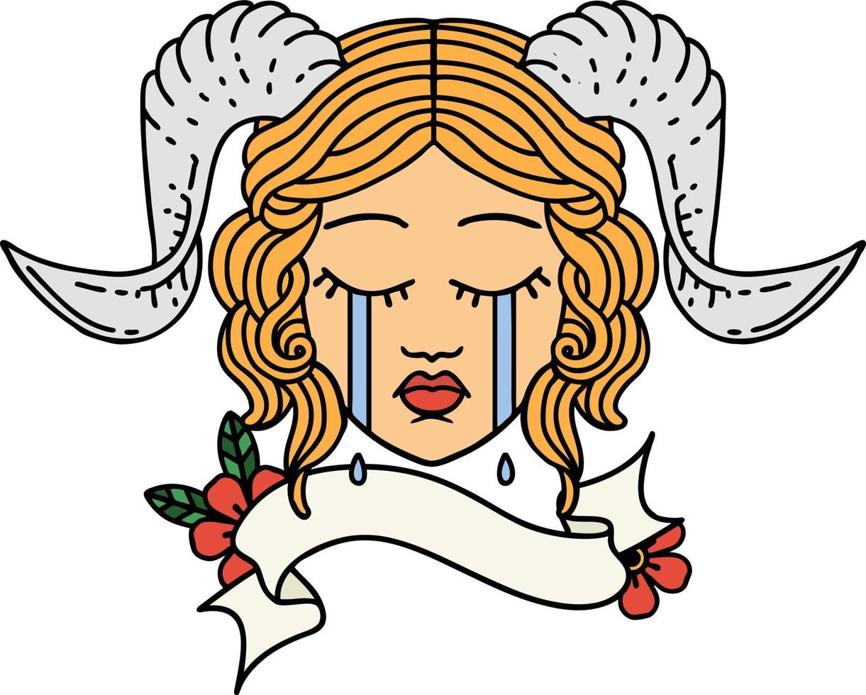 crying tiefling character face with scroll banner illustration vector