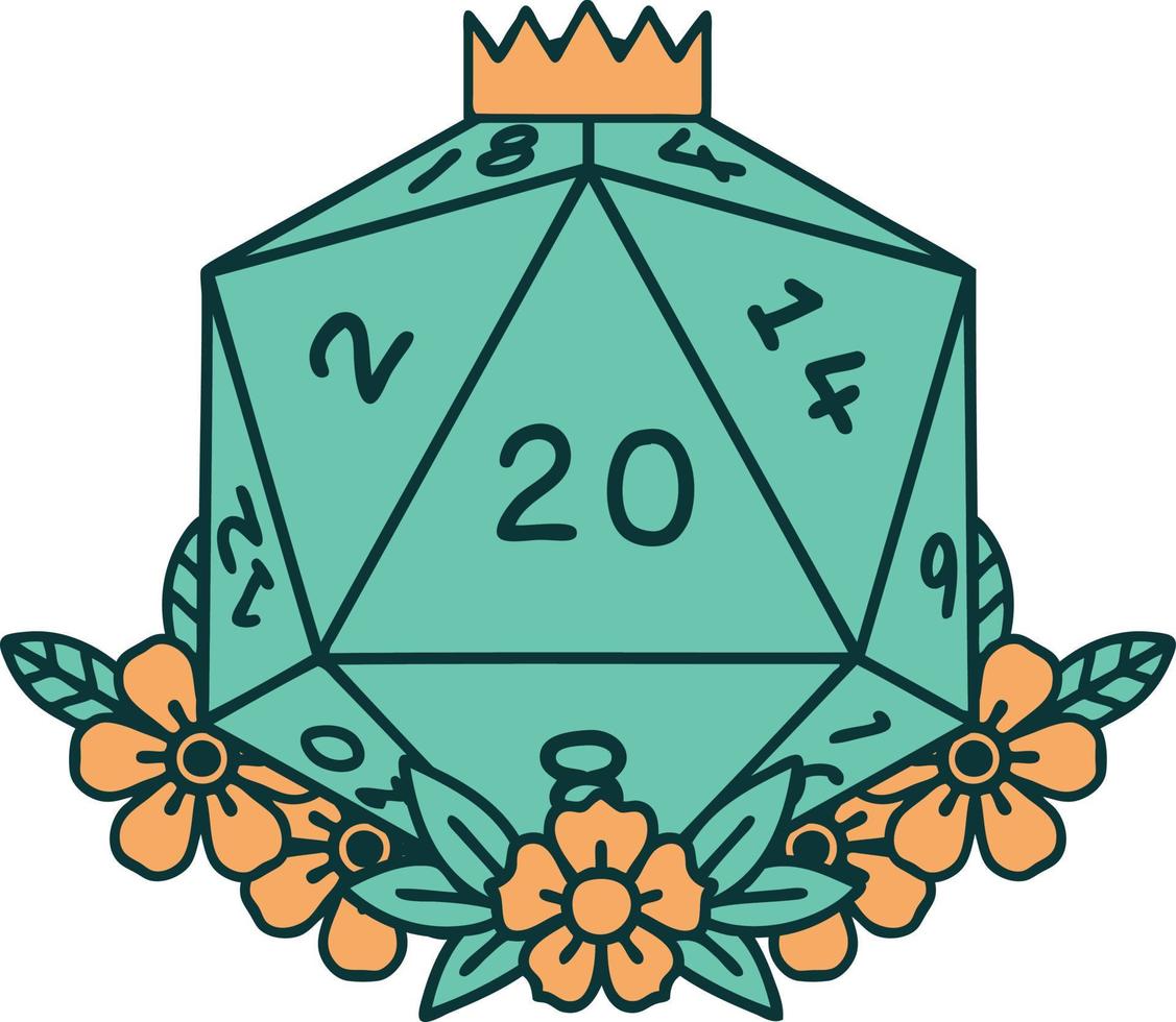 natural 20 D20 dice roll with floral elements illustration vector