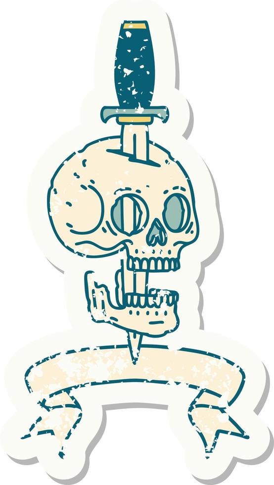 grunge sticker with banner of a skull and dagger vector