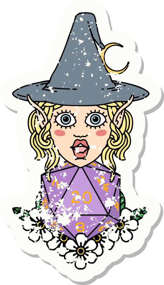 elf mage character with natural twenty dice roll grunge sticker vector