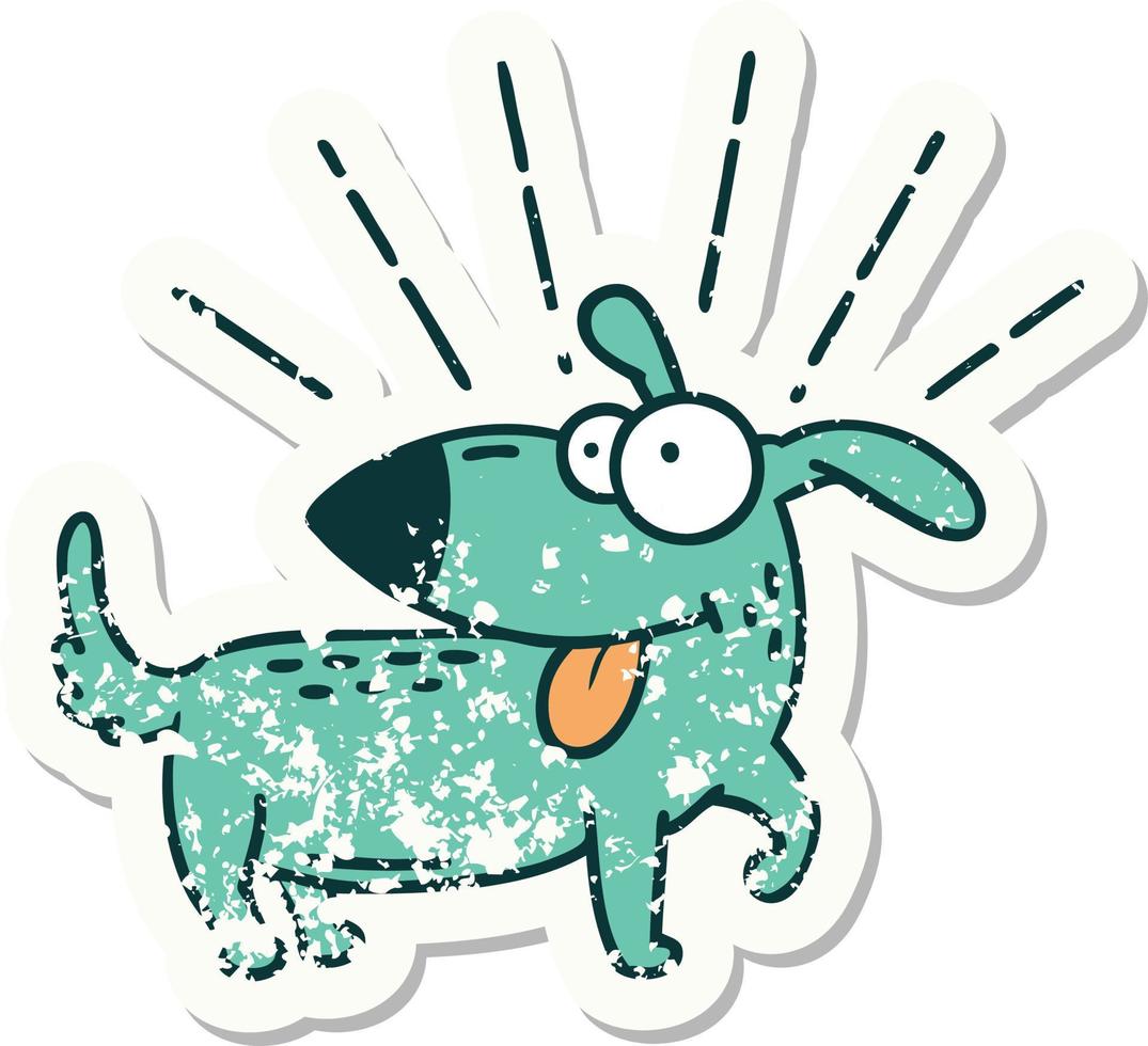 grunge sticker of tattoo style happy dog vector