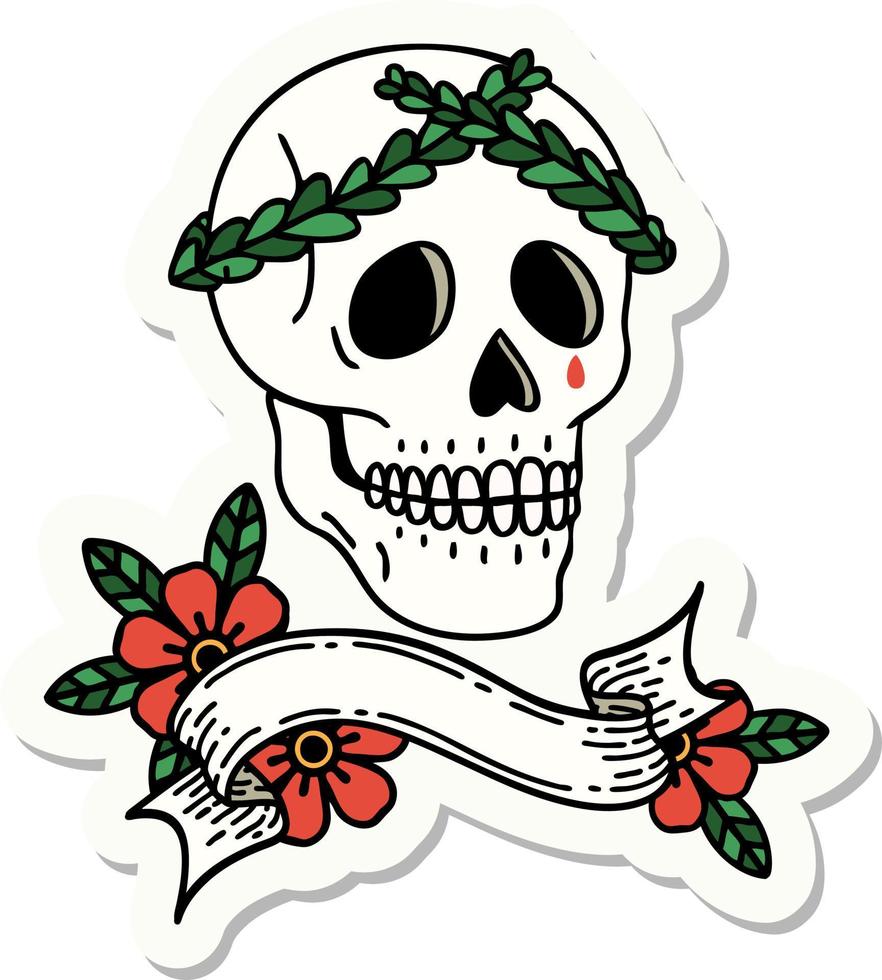 tattoo sticker with banner of a skull with laurel wreath crown vector