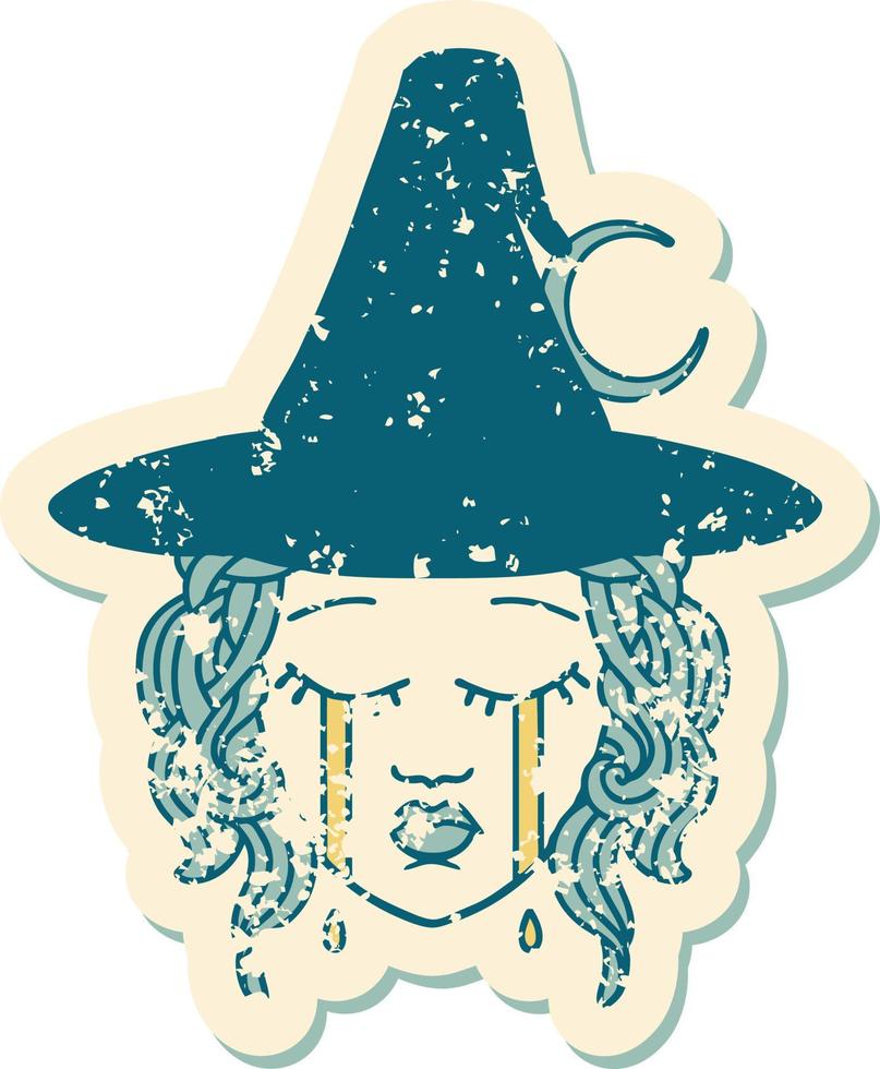 crying human witch character grunge sticker vector
