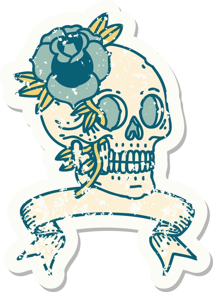 pegatina grunge con una pancarta de una calavera y una rosa vector