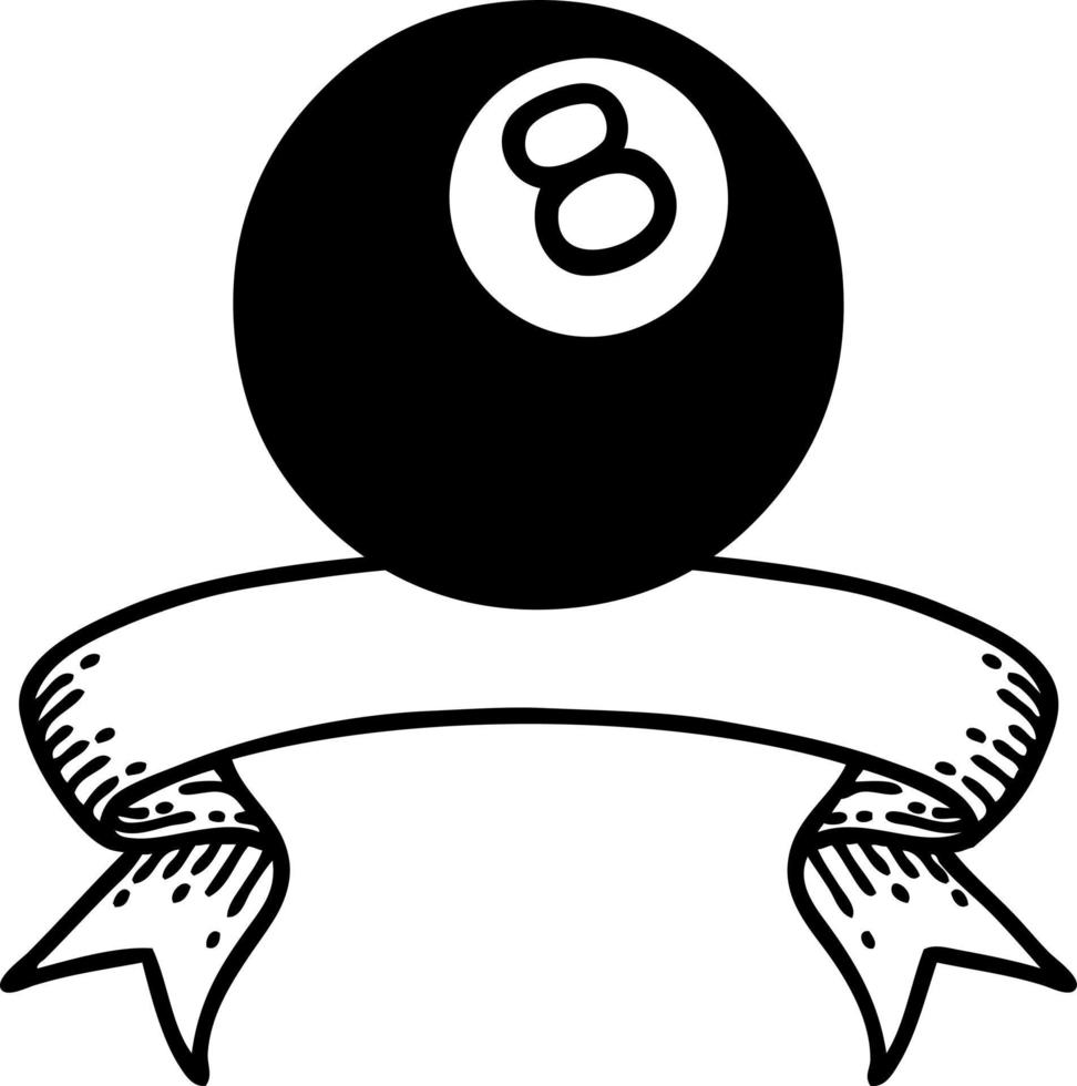 black linework tattoo with banner of a 8 ball vector