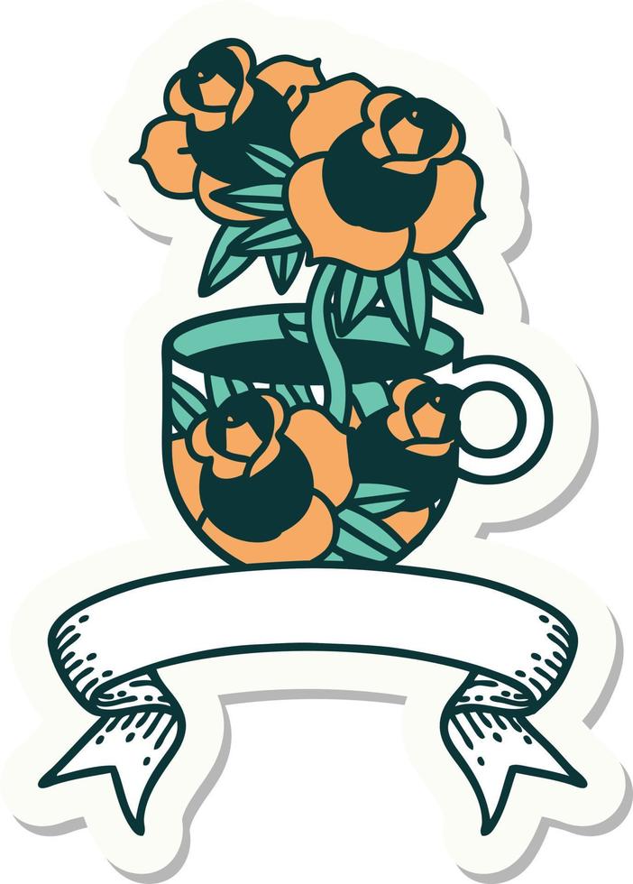 tattoo sticker with banner of a cup and flowers vector