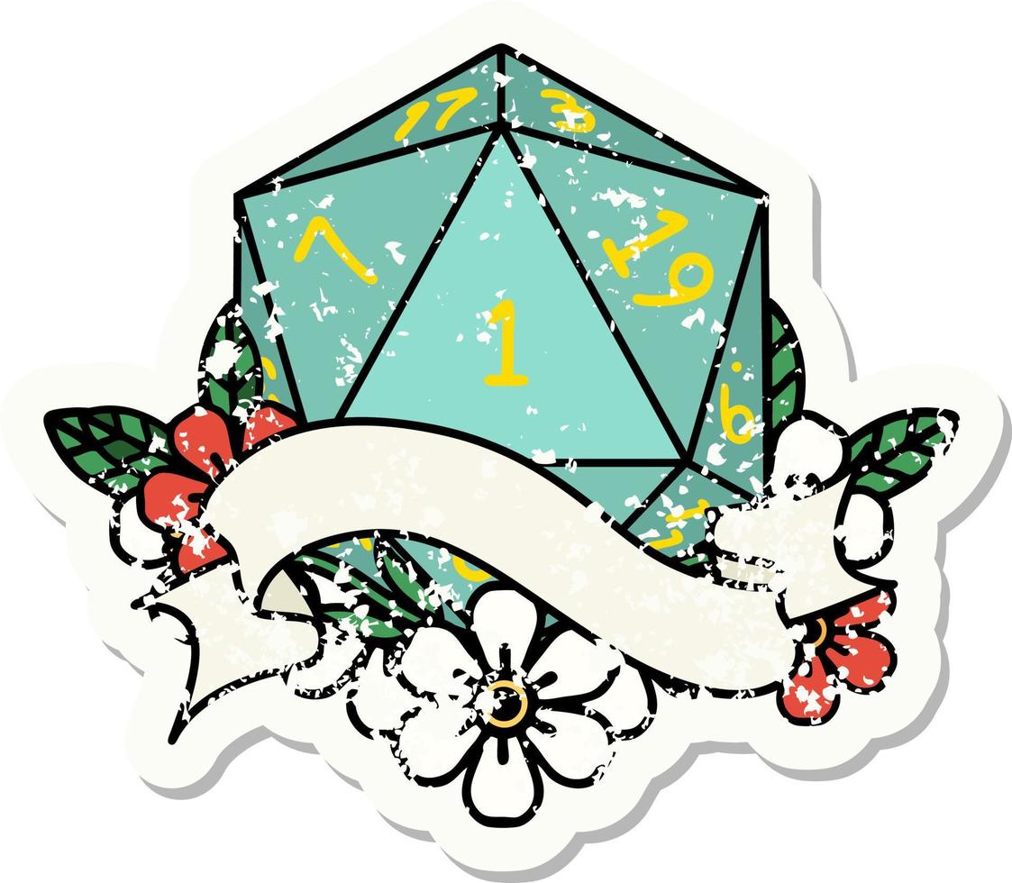 natural one d20 dice roll grunge sticker vector