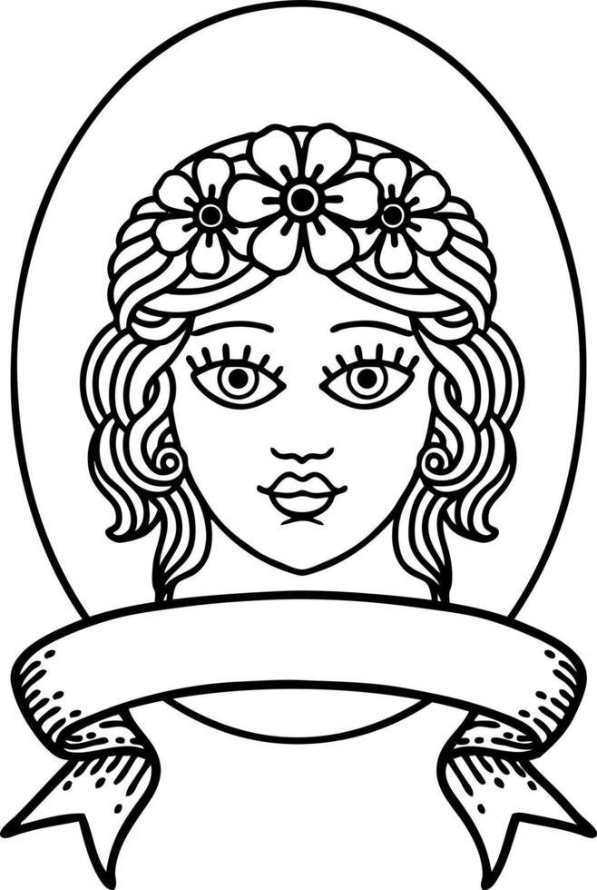 black linework tattoo with banner of a maiden with crown of flowers vector